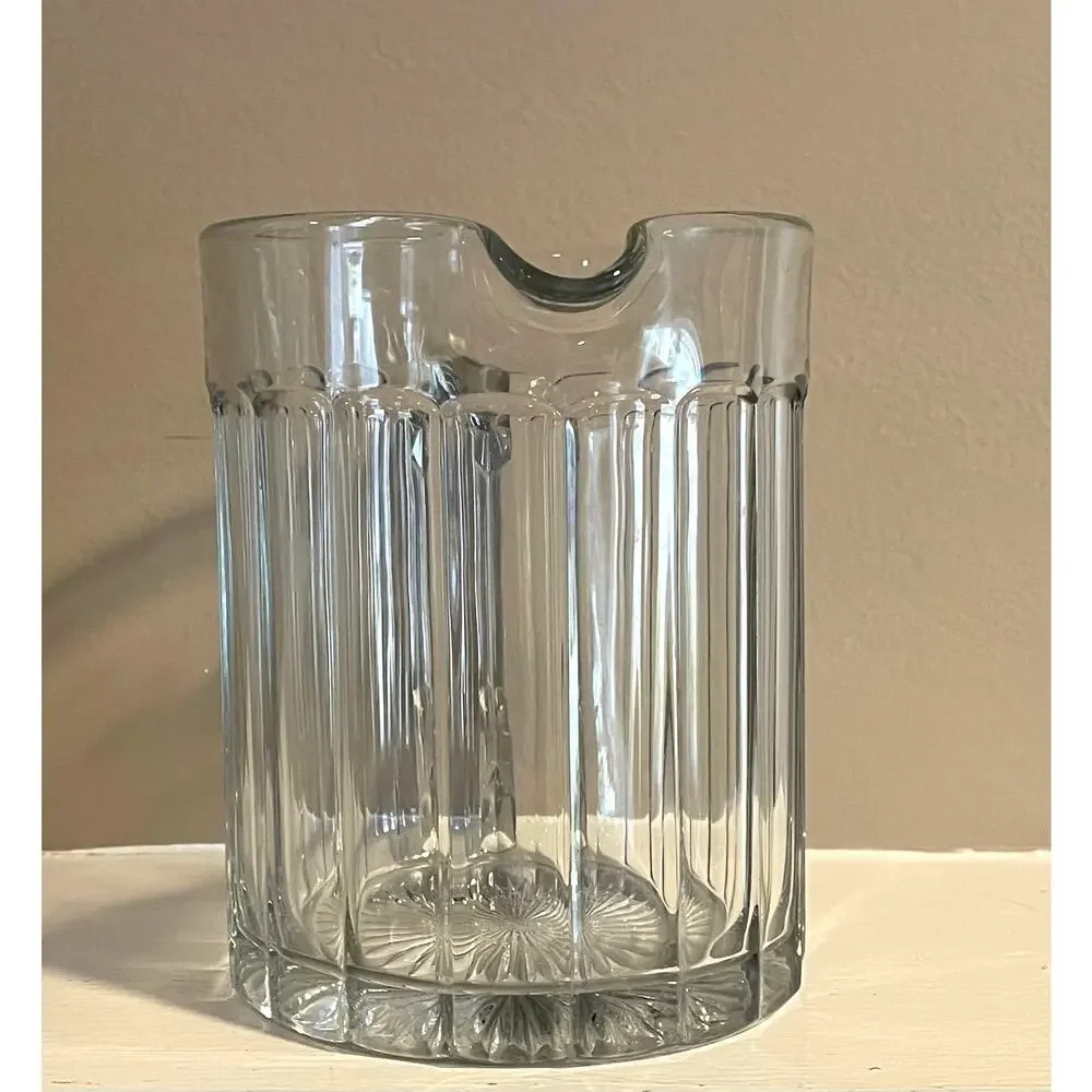 Vintage Small Heavy Clear Glass Pitcher with Ribbed Design, Square Handle
